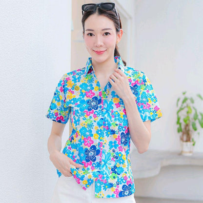 PINK015 เสื้อเชิ้ตลายดอก ผ้าคอตตอน100% สีไม่ตก ผ้าไม่หด ลายคมชัด มีไซส์หญิงชาย 34-56นิ้ว งานป้ายKTIER*1ตัว*