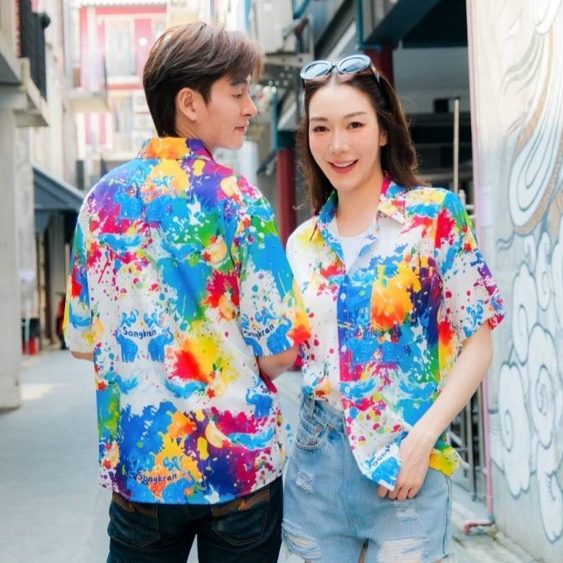 Pink3122เสื้อฮาวายลายใหม่2025 สาดสีSongkran ทรงวัยรุ่น หญิงชายใส่ได้ ผ้าโพลีพรีเมี่ยมไซส์38-56นิ้ว งานปัาย ลายคมชัด*1ตัว