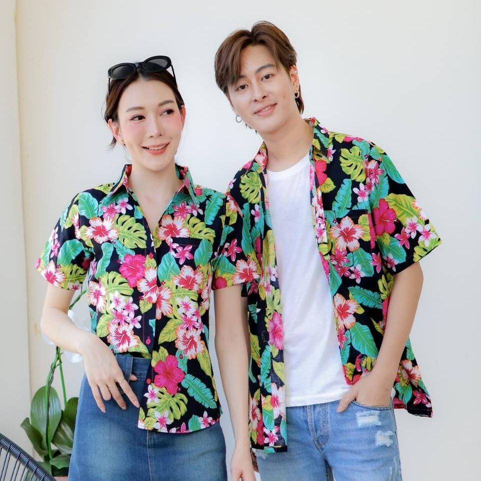 Pink09 เสื้อเชิ้ตลายดอก ผ้าคอตตอน100% สีไม่ตก ผ้าไม่หด ลายคมชัด มีไซส์หญิงชาย 34-56นิ้ว งานป้ายKTIERออกแบบเอง*1ตัว*