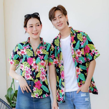 Pink09 เสื้อเชิ้ตลายดอก ผ้าคอตตอน100% สีไม่ตก ผ้าไม่หด ลายคมชัด มีไซส์หญิงชาย 34-56นิ้ว งานป้ายKTIERออกแบบเอง*1ตัว*