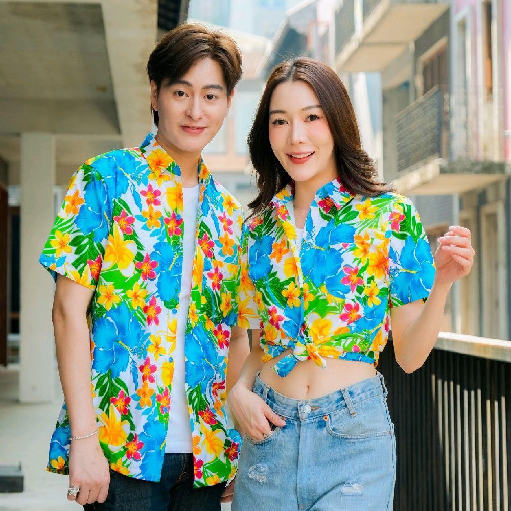 Pink08 เสื้อเชิ้ตลายดอก ผ้าคอตตอน100% สีไม่ตก ผ้าไม่หด ลายคมชัด มีไซส์หญิงชาย งานป้ายKTIERออกแบบเอง*1ตัว*