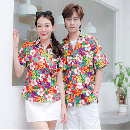 Pink027 เสื้อเชิ้ตลายดอก ผ้าคอตตอน100% สีไม่ตก ผ้าไม่หด ลายคมชัด มีไซส์หญิงชาย 34-54นิ้ว งานป้ายKTIER*1ตัว*