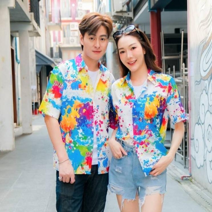 Pink3122เสื้อฮาวายลายใหม่2025 สาดสีSongkran ทรงวัยรุ่น หญิงชายใส่ได้ ผ้าโพลีพรีเมี่ยมไซส์38-56นิ้ว งานปัาย ลายคมชัด*1ตัว