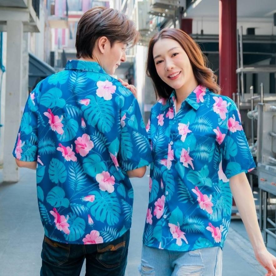 PINK3129 เสื้อฮาวายลายใหม่2025  ทรงวัยรุ่น หญิงชายใส่ได้ ผ้าโพลีพรีเมี่ยม ไซส์38-56นิ้ว งานปัาย ลายคมชัด  **1ตัว**