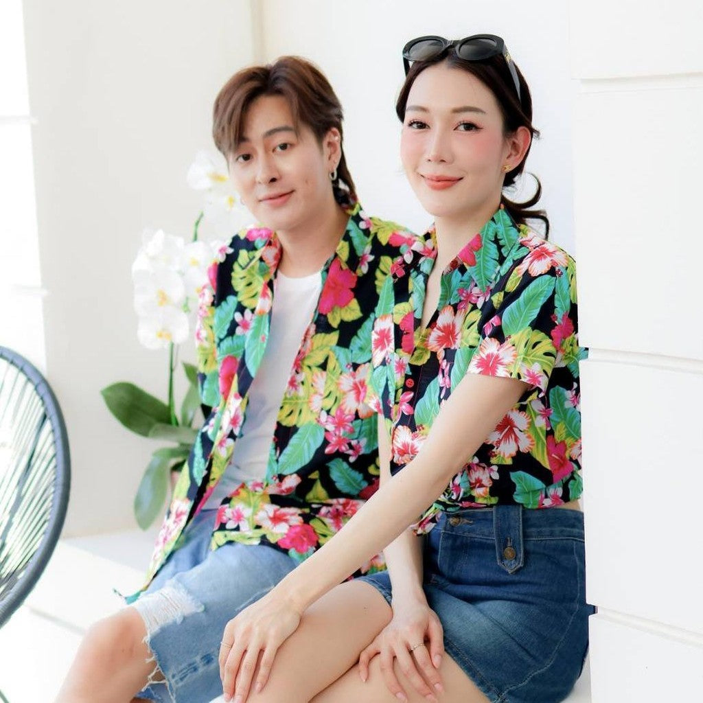 Pink09 เสื้อเชิ้ตลายดอก ผ้าคอตตอน100% สีไม่ตก ผ้าไม่หด ลายคมชัด มีไซส์หญิงชาย 34-56นิ้ว งานป้ายKTIERออกแบบเอง*1ตัว*