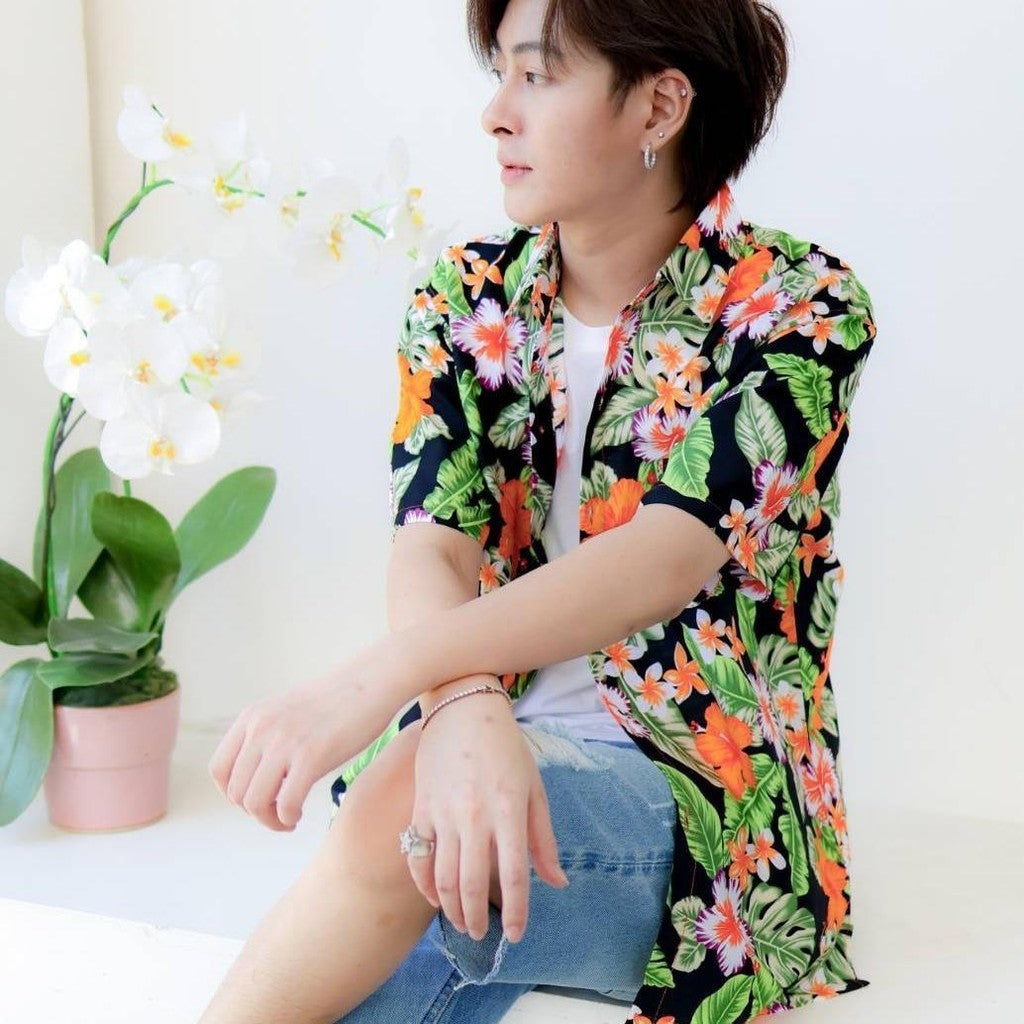 Pink09 เสื้อเชิ้ตลายดอก ผ้าคอตตอน100% สีไม่ตก ผ้าไม่หด ลายคมชัด มีไซส์หญิงชาย 34-56นิ้ว งานป้ายKTIERออกแบบเอง*1ตัว*