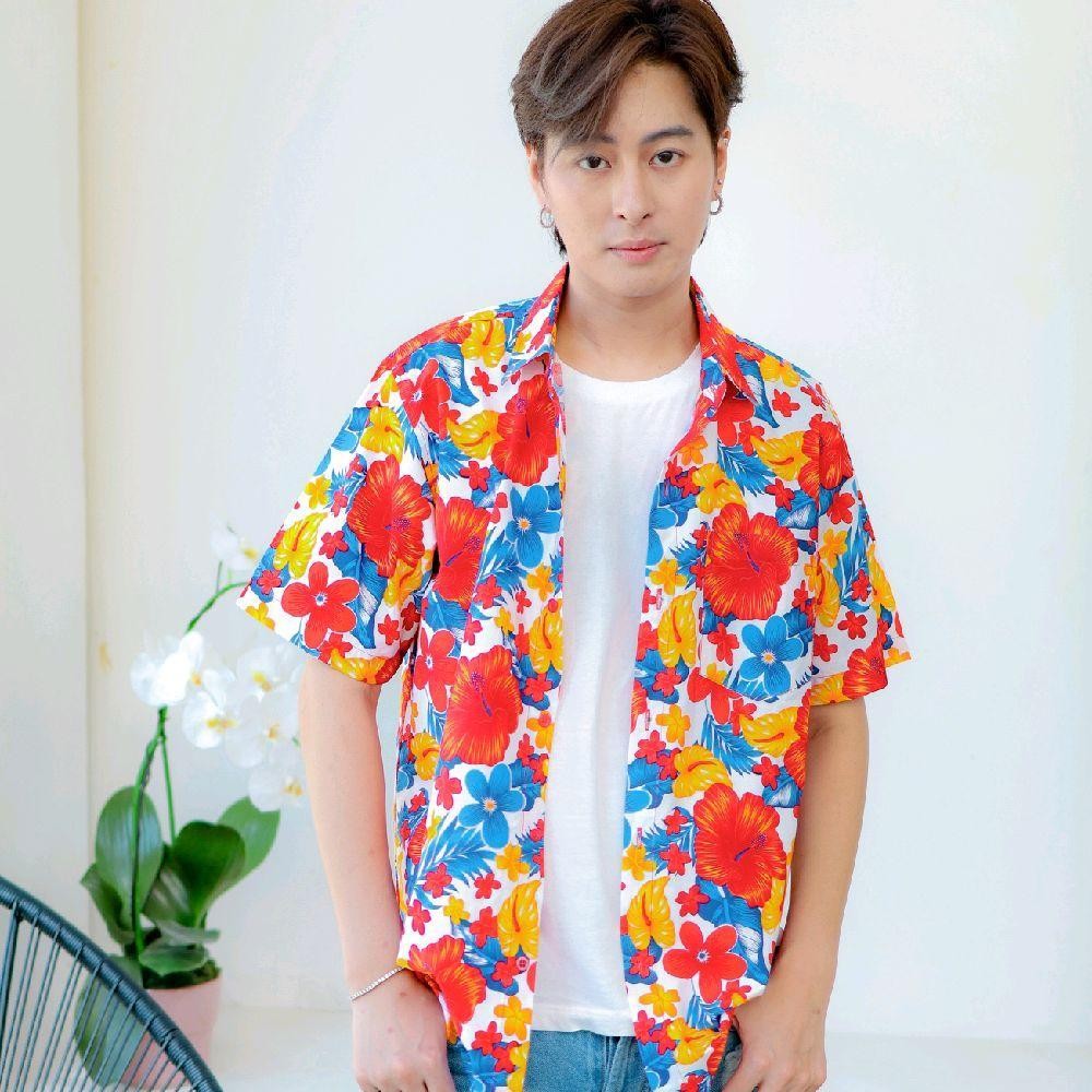 PINK05 เสื้อเชิ้ตลายดอก ผ้าคอตตอน100% สีไม่ตก ผ้าไม่หด ลายคมชัด มีไซส์หญิงชาย 34-56นิ้ว งานป้ายKTIER*1ตัว*