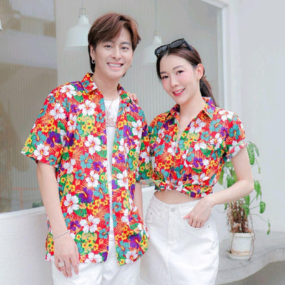 Pink027 เสื้อเชิ้ตลายดอก ผ้าคอตตอน100% สีไม่ตก ผ้าไม่หด ลายคมชัด มีไซส์หญิงชาย 34-54นิ้ว งานป้ายKTIER*1ตัว*