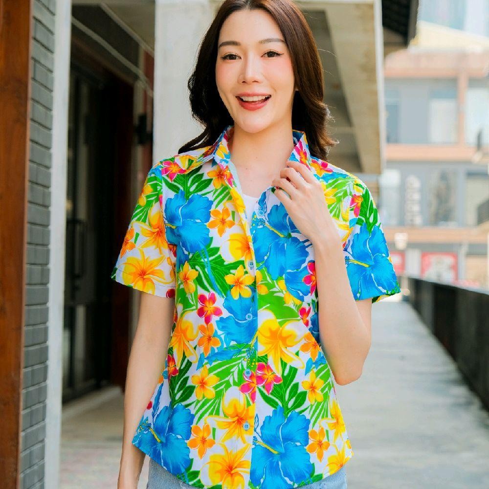 Pink08 เสื้อเชิ้ตลายดอก ผ้าคอตตอน100% สีไม่ตก ผ้าไม่หด ลายคมชัด มีไซส์หญิงชาย งานป้ายKTIERออกแบบเอง*1ตัว*