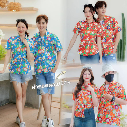PINK01 เสื้อเชิ้ตลายดอก ผ้าคอตตอน100% สีไม่ตก ผ้าไม่หด ลายคมชัด มีไซส์หญิงชาย 34-56นิ้ว งานป้ายKTIER*1ตัว*