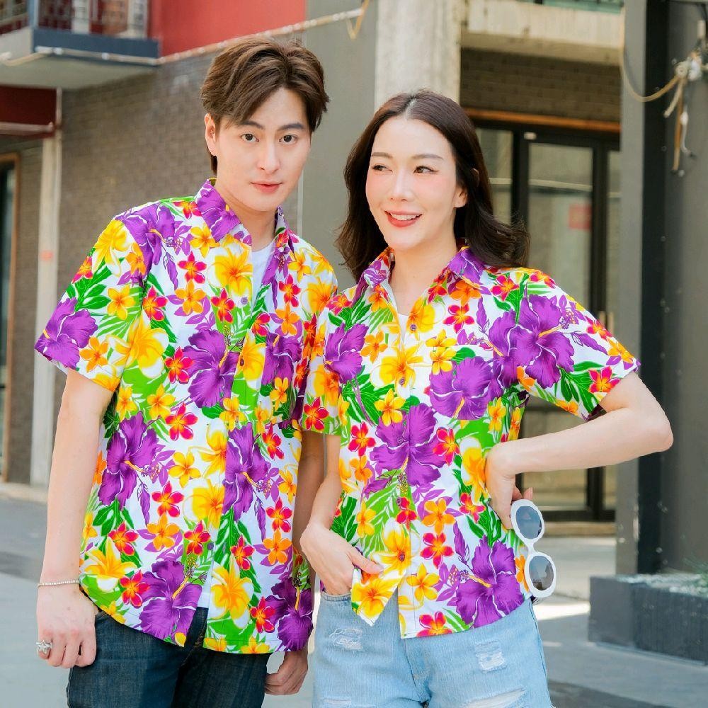 Pink08 เสื้อเชิ้ตลายดอก ผ้าคอตตอน100% สีไม่ตก ผ้าไม่หด ลายคมชัด มีไซส์หญิงชาย งานป้ายKTIERออกแบบเอง*1ตัว*