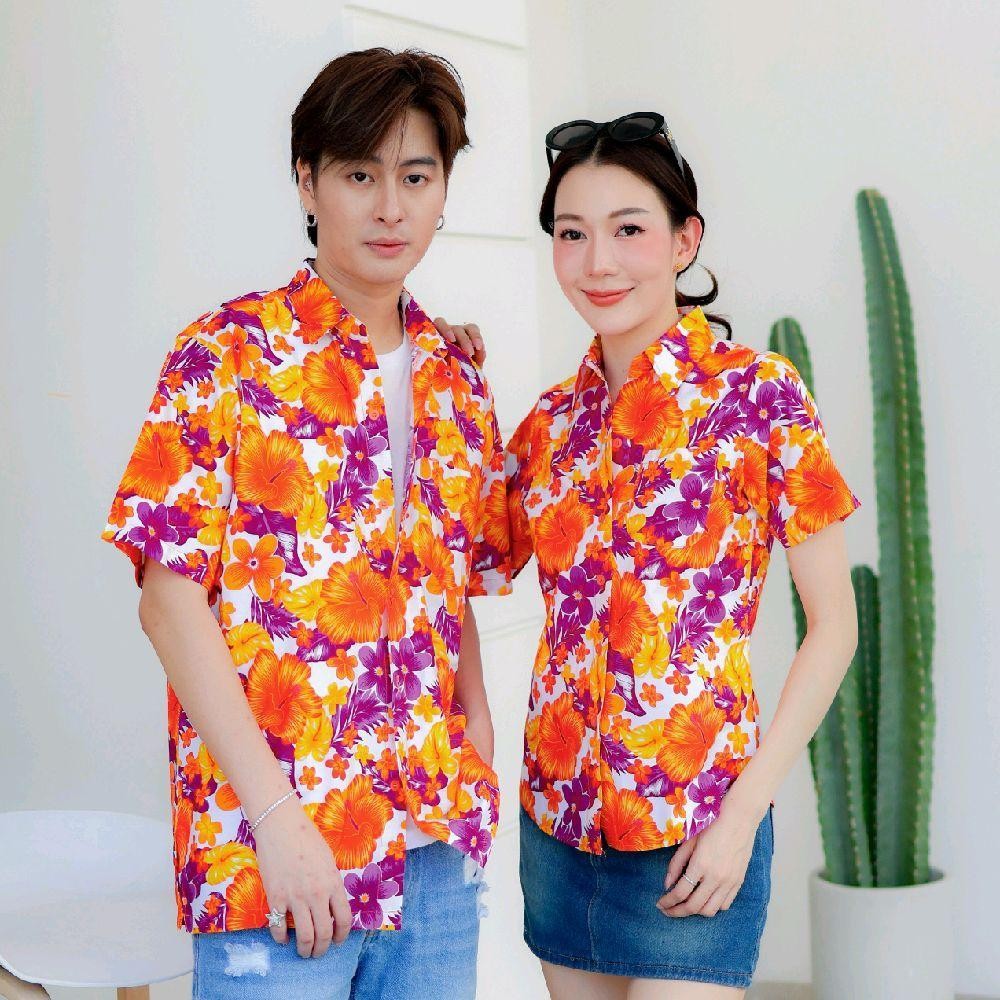 PINK05 เสื้อเชิ้ตลายดอก ผ้าคอตตอน100% สีไม่ตก ผ้าไม่หด ลายคมชัด มีไซส์หญิงชาย 34-56นิ้ว งานป้ายKTIER*1ตัว*