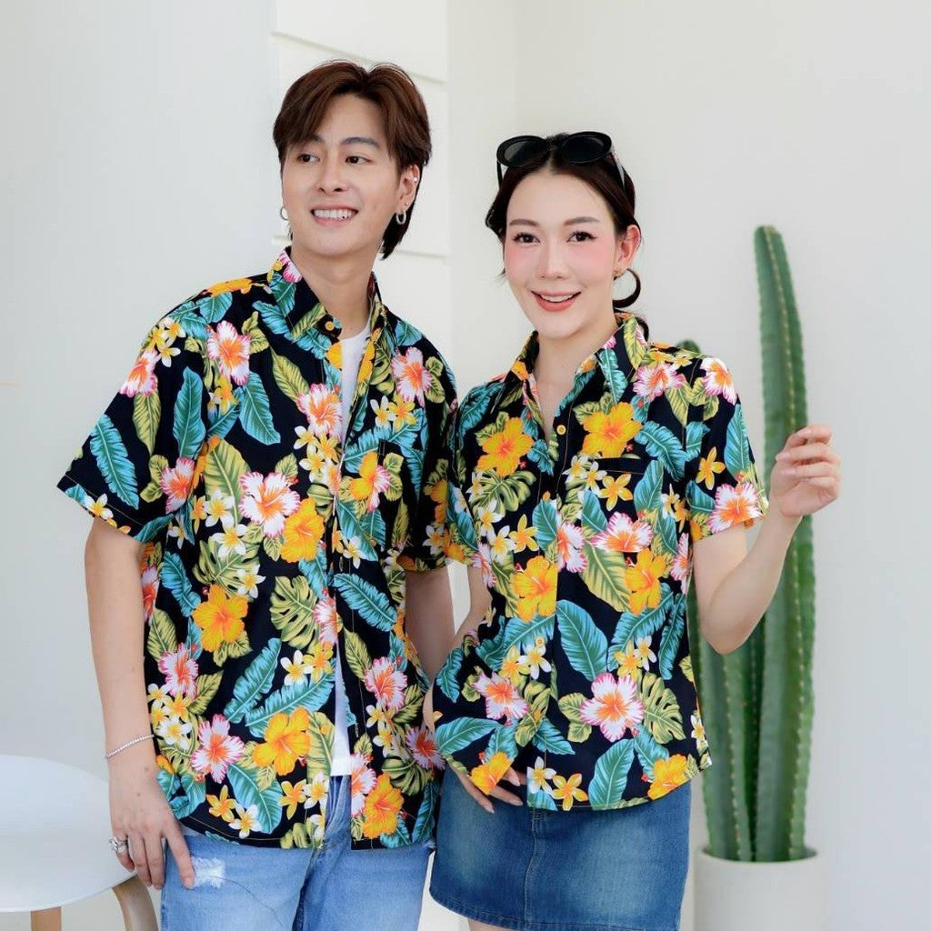 Pink09 เสื้อเชิ้ตลายดอก ผ้าคอตตอน100% สีไม่ตก ผ้าไม่หด ลายคมชัด มีไซส์หญิงชาย 34-56นิ้ว งานป้ายKTIERออกแบบเอง*1ตัว*