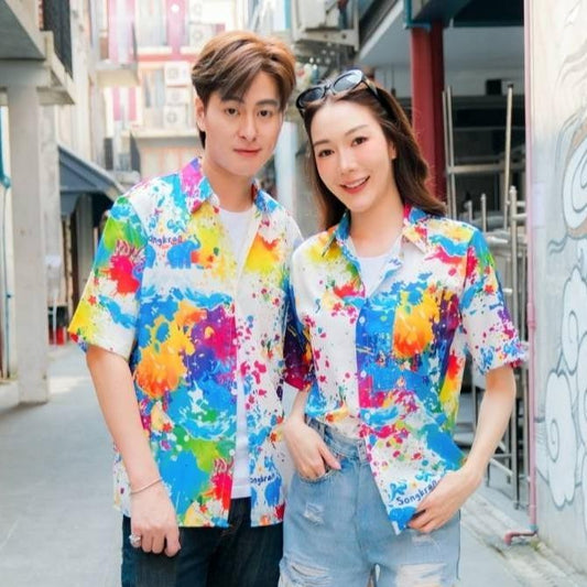 Pink3122เสื้อฮาวายลายใหม่2025 สาดสีSongkran ทรงวัยรุ่น หญิงชายใส่ได้ ผ้าโพลีพรีเมี่ยมไซส์38-56นิ้ว งานปัาย ลายคมชัด*1ตัว