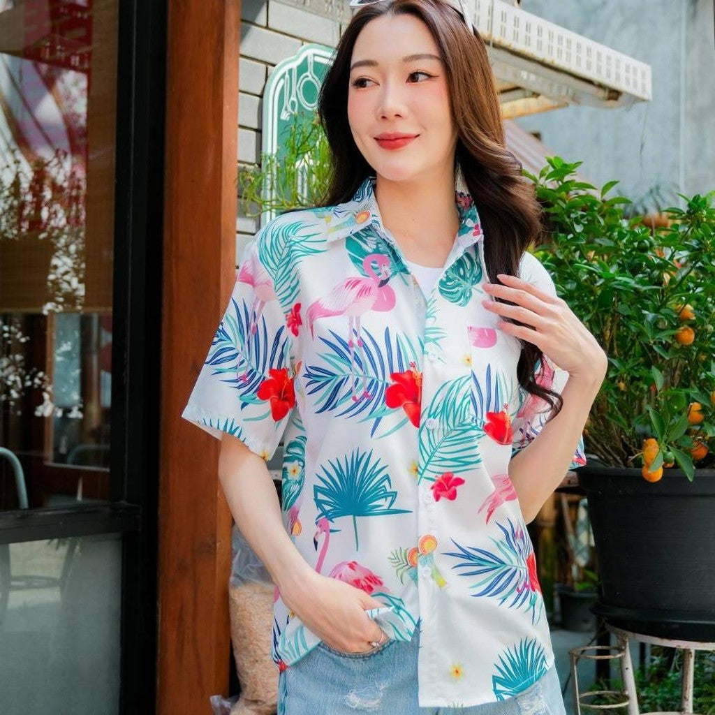 PINK3132 เสื้อฮาวายลายใหม่2025 ทรงวัยรุ่น หญิงชายใส่ได้ ผ้าโพลีพรีเมี่ยม ไซส์38-56นิ้ว งานปัายKTIERออกแบบเอง**1ตัว*