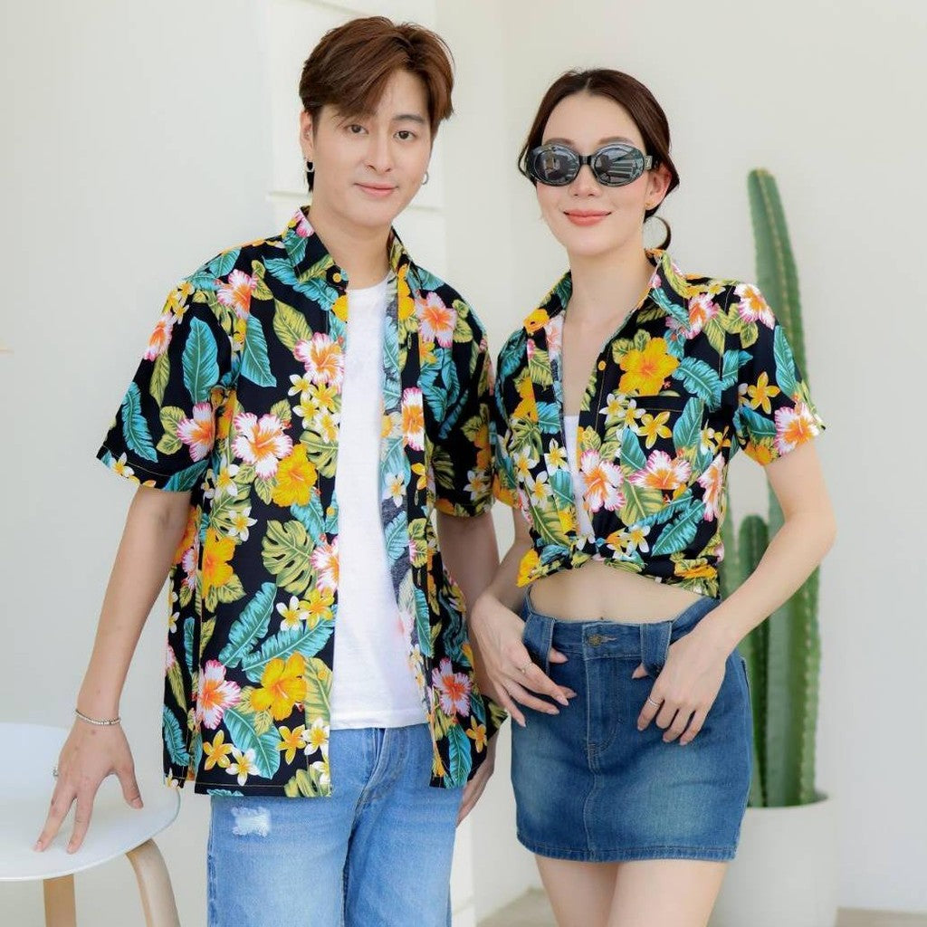 Pink09 เสื้อเชิ้ตลายดอก ผ้าคอตตอน100% สีไม่ตก ผ้าไม่หด ลายคมชัด มีไซส์หญิงชาย 34-56นิ้ว งานป้ายKTIERออกแบบเอง*1ตัว*