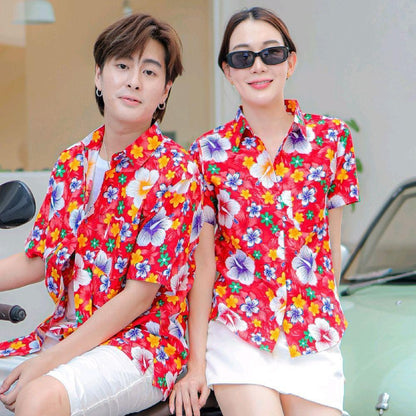 PINK010 เสื้อเชิ้ตลายดอก ผ้าคอตตอน100% สีไม่ตก ผ้าไม่หด ลายคมชัด มีไซส์หญิงชาย 34-54นิ้ว งานป้ายKTIER*1ตัว*