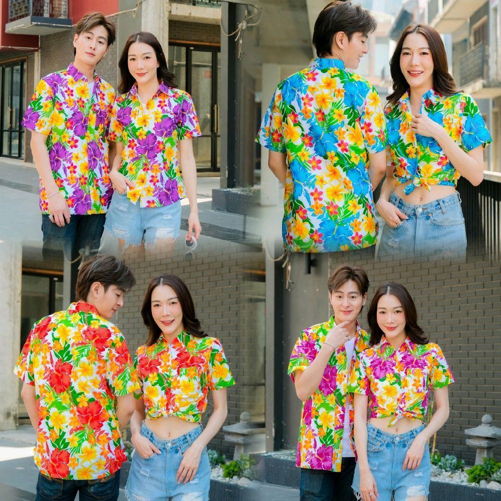 Pink08 เสื้อเชิ้ตลายดอก ผ้าคอตตอน100% สีไม่ตก ผ้าไม่หด ลายคมชัด มีไซส์หญิงชาย งานป้ายKTIERออกแบบเอง*1ตัว*
