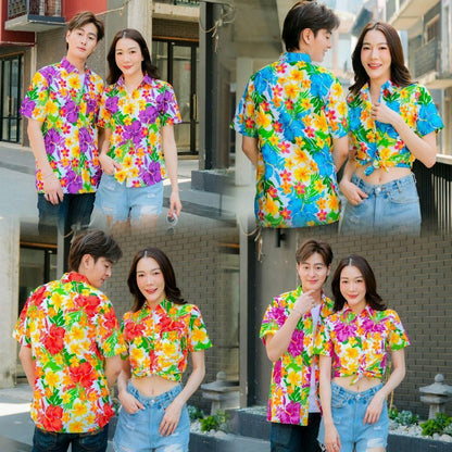 Pink08 เสื้อเชิ้ตลายดอก ผ้าคอตตอน100% สีไม่ตก ผ้าไม่หด ลายคมชัด มีไซส์หญิงชาย งานป้ายKTIERออกแบบเอง*1ตัว*