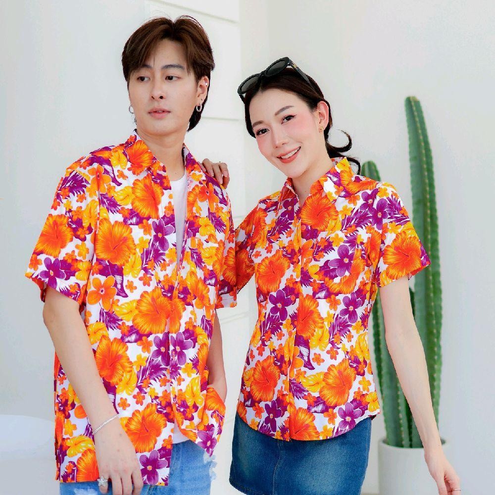 PINK05 เสื้อเชิ้ตลายดอก ผ้าคอตตอน100% สีไม่ตก ผ้าไม่หด ลายคมชัด มีไซส์หญิงชาย 34-56นิ้ว งานป้ายKTIER*1ตัว*