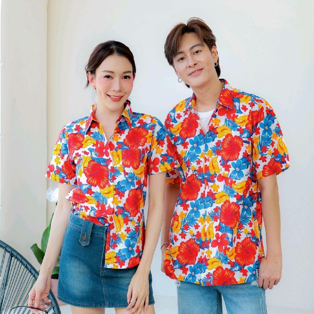 PINK05 เสื้อเชิ้ตลายดอก ผ้าคอตตอน100% สีไม่ตก ผ้าไม่หด ลายคมชัด มีไซส์หญิงชาย 34-56นิ้ว งานป้ายKTIER*1ตัว*