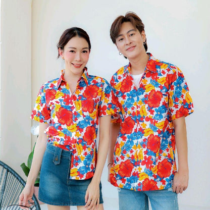 PINK05 เสื้อเชิ้ตลายดอก ผ้าคอตตอน100% สีไม่ตก ผ้าไม่หด ลายคมชัด มีไซส์หญิงชาย 34-56นิ้ว งานป้ายKTIER*1ตัว*