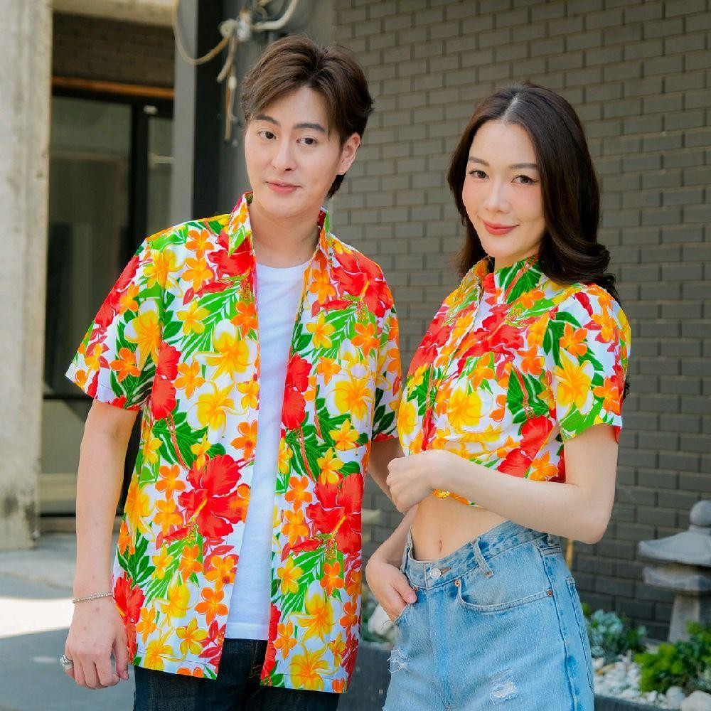 Pink08 เสื้อเชิ้ตลายดอก ผ้าคอตตอน100% สีไม่ตก ผ้าไม่หด ลายคมชัด มีไซส์หญิงชาย งานป้ายKTIERออกแบบเอง*1ตัว*