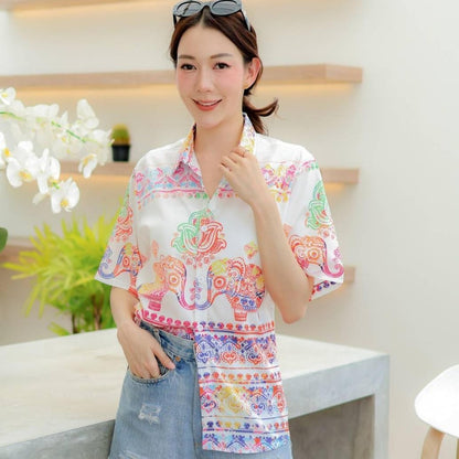 HD025เสื้อฮาวายลายใหม่2025  คลาสสิคThailandทรงวัยรุ่น หญิงชายใส่ได้ ผ้าโพลีพรีเมี่ยมไซส์38-56นิ้ว งานปัาย ลายคมชัด *1ตัว