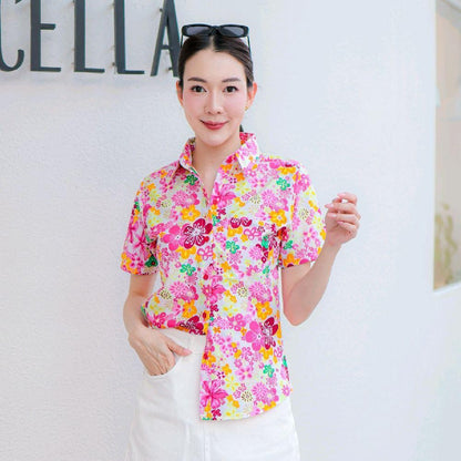 PINK015 เสื้อเชิ้ตลายดอก ผ้าคอตตอน100% สีไม่ตก ผ้าไม่หด ลายคมชัด มีไซส์หญิงชาย 34-56นิ้ว งานป้ายKTIER*1ตัว*