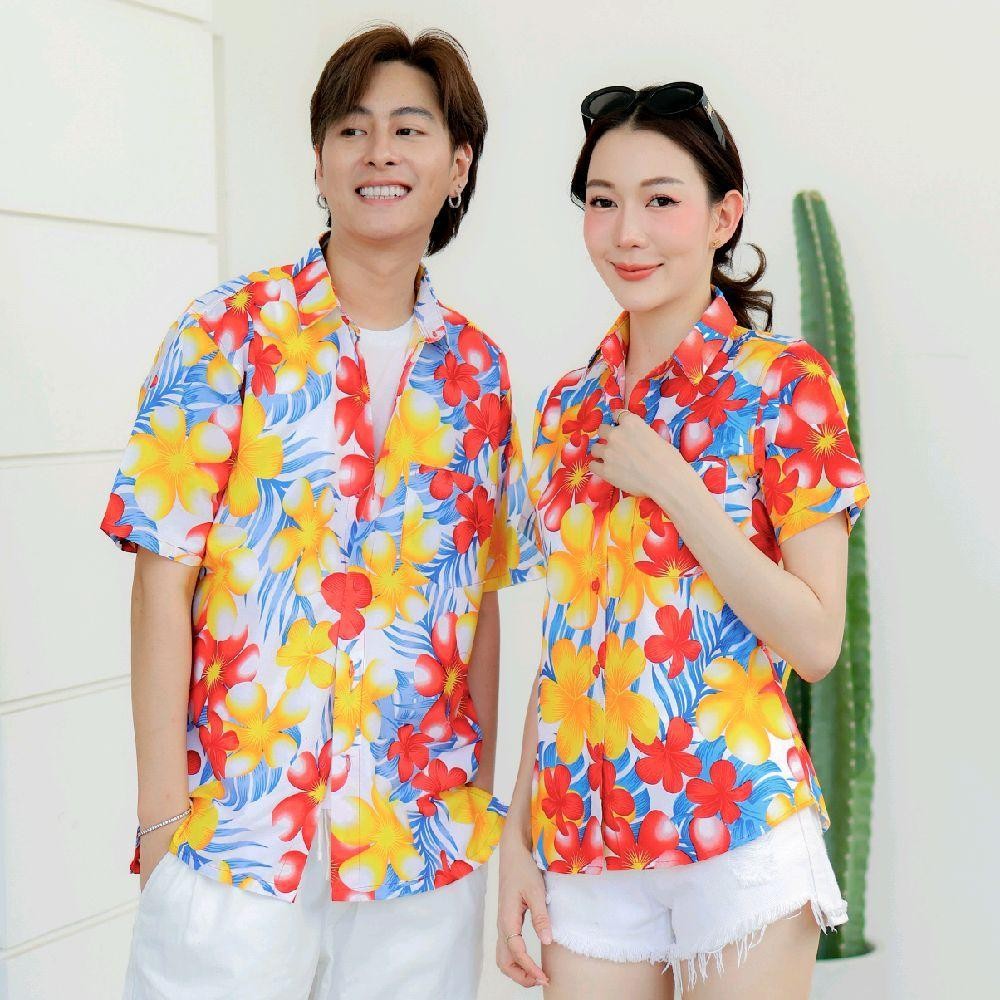 P07เสื้อเชิ้ตลายดอก ผ้าคอตตอน100% สีไม่ตก ผ้าไม่หด มีไซส์หญิงชาย งานป้ายKTIERออกแบบเอง*1ตัว*