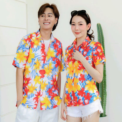 P07เสื้อเชิ้ตลายดอก ผ้าคอตตอน100% สีไม่ตก ผ้าไม่หด มีไซส์หญิงชาย งานป้ายKTIERออกแบบเอง*1ตัว*