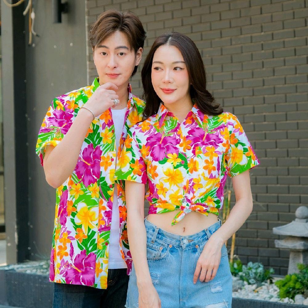Pink08 เสื้อเชิ้ตลายดอก ผ้าคอตตอน100% สีไม่ตก ผ้าไม่หด ลายคมชัด มีไซส์หญิงชาย งานป้ายKTIERออกแบบเอง*1ตัว*