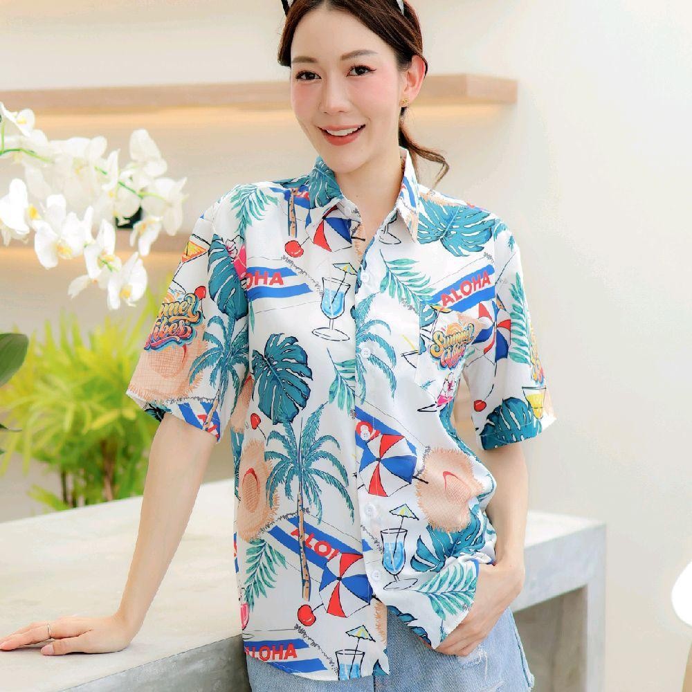 PINK3131 เสื้อฮาวายลายดอก ทรงวัยรุ่น หญิงชายใส่ได้ มีไซส์38-56นิ้ว ผ้าโพลีพรีเมี่ยม งานปัาย ลายคมชัด **1ตัว**