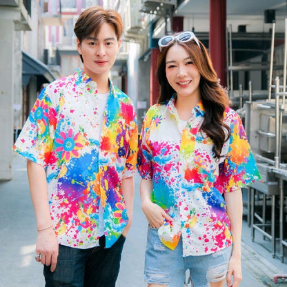 P021เสื้อฮาวายลายใหม่2025 สาดสีลายดอก ทรงวัยรุ่น หญิงชายใส่ได้ ผ้าโพลีพรีเมี่ยม ไซส์38-56นิ้ว งานปัายKTIERออกแบบเอง*1ตัว