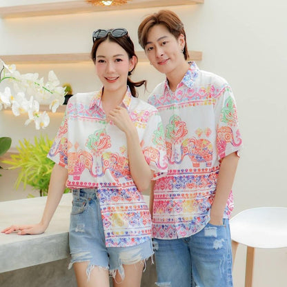 HD025เสื้อฮาวายลายใหม่2025  คลาสสิคThailandทรงวัยรุ่น หญิงชายใส่ได้ ผ้าโพลีพรีเมี่ยมไซส์38-56นิ้ว งานปัาย ลายคมชัด *1ตัว