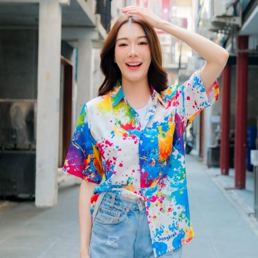Pink3122เสื้อฮาวายลายใหม่2025 สาดสีSongkran ทรงวัยรุ่น หญิงชายใส่ได้ ผ้าโพลีพรีเมี่ยมไซส์38-56นิ้ว งานปัาย ลายคมชัด*1ตัว