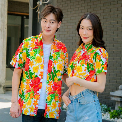Pink08 เสื้อเชิ้ตลายดอก ผ้าคอตตอน100% สีไม่ตก ผ้าไม่หด ลายคมชัด มีไซส์หญิงชาย งานป้ายKTIERออกแบบเอง*1ตัว*