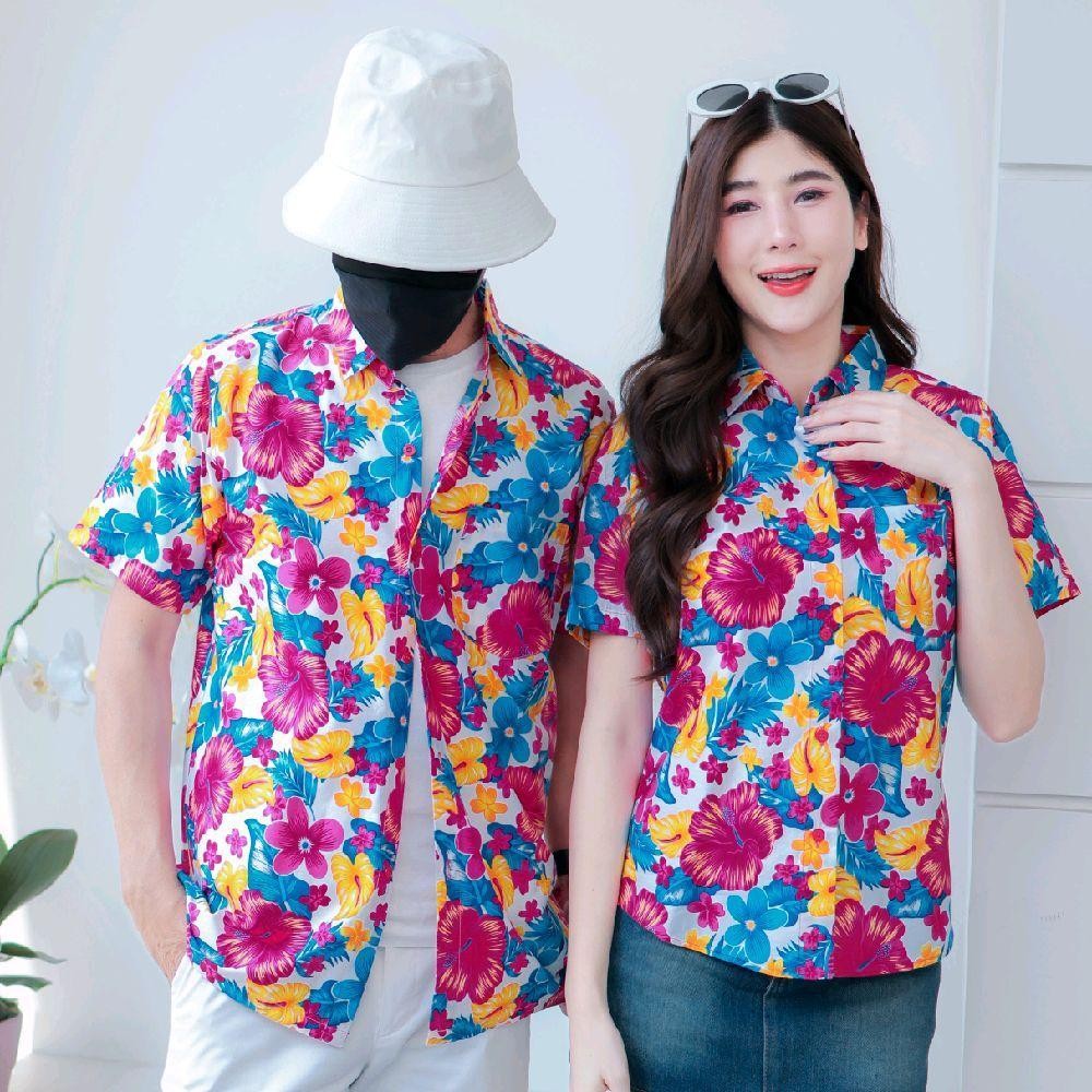 PINK05 เสื้อเชิ้ตลายดอก ผ้าคอตตอน100% สีไม่ตก ผ้าไม่หด ลายคมชัด มีไซส์หญิงชาย 34-56นิ้ว งานป้ายKTIER*1ตัว*