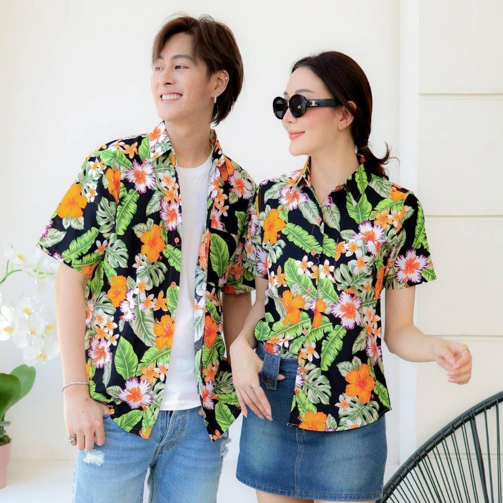 Pink09 เสื้อเชิ้ตลายดอก ผ้าคอตตอน100% สีไม่ตก ผ้าไม่หด ลายคมชัด มีไซส์หญิงชาย 34-56นิ้ว งานป้ายKTIERออกแบบเอง*1ตัว*