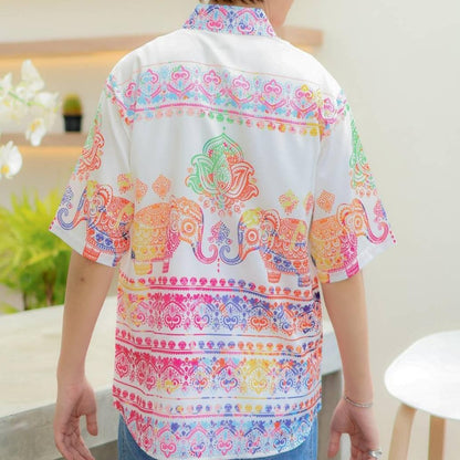 HD025เสื้อฮาวายลายใหม่2025  คลาสสิคThailandทรงวัยรุ่น หญิงชายใส่ได้ ผ้าโพลีพรีเมี่ยมไซส์38-56นิ้ว งานปัาย ลายคมชัด *1ตัว