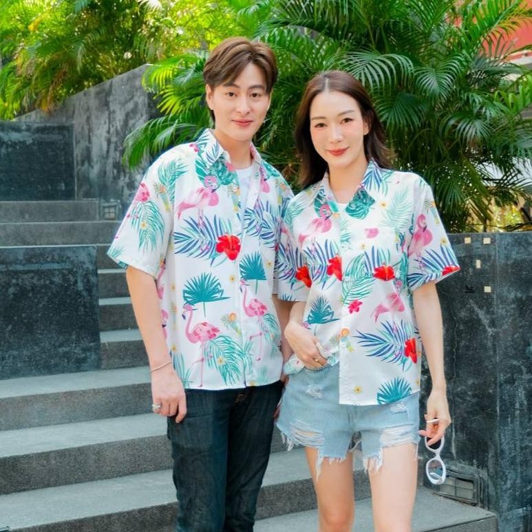 PINK3132 เสื้อฮาวายลายใหม่2025 ทรงวัยรุ่น หญิงชายใส่ได้ ผ้าโพลีพรีเมี่ยม ไซส์38-56นิ้ว งานปัายKTIERออกแบบเอง**1ตัว*