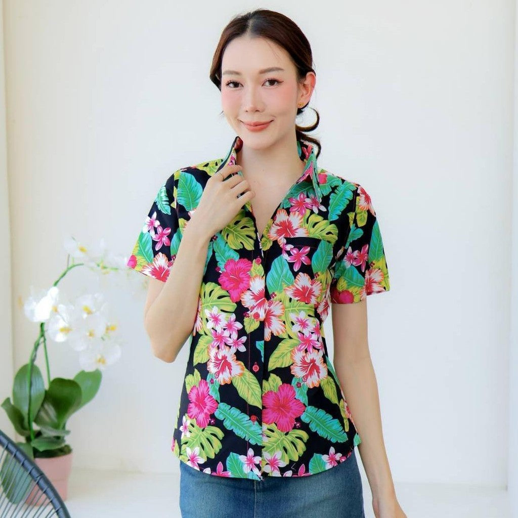 Pink09 เสื้อเชิ้ตลายดอก ผ้าคอตตอน100% สีไม่ตก ผ้าไม่หด ลายคมชัด มีไซส์หญิงชาย 34-56นิ้ว งานป้ายKTIERออกแบบเอง*1ตัว*