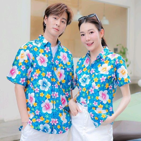 PINK010 เสื้อเชิ้ตลายดอก ผ้าคอตตอน100% สีไม่ตก ผ้าไม่หด ลายคมชัด มีไซส์หญิงชาย 34-54นิ้ว งานป้ายKTIER*1ตัว*