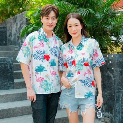 PINK3132 เสื้อฮาวายลายใหม่2025 ทรงวัยรุ่น หญิงชายใส่ได้ ผ้าโพลีพรีเมี่ยม ไซส์38-56นิ้ว งานปัายKTIERออกแบบเอง**1ตัว*