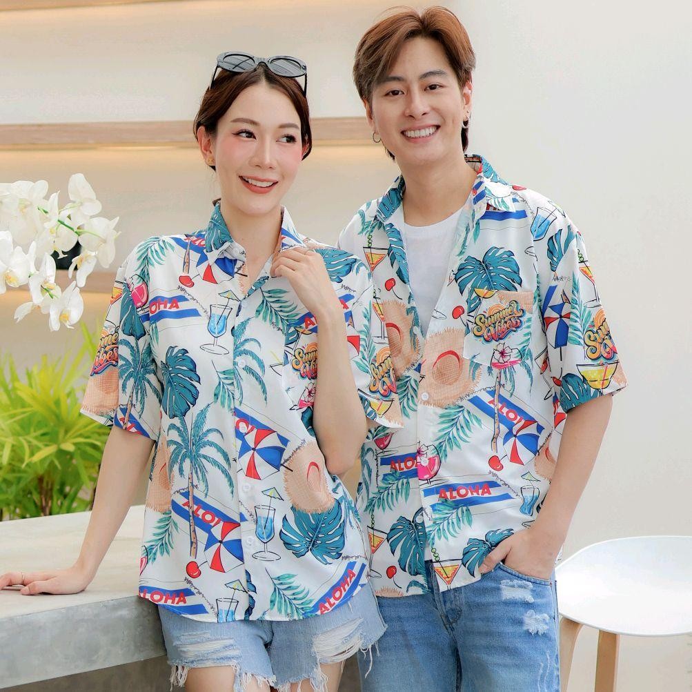PINK3131 เสื้อฮาวายลายดอก ทรงวัยรุ่น หญิงชายใส่ได้ มีไซส์38-56นิ้ว ผ้าโพลีพรีเมี่ยม งานปัาย ลายคมชัด **1ตัว**