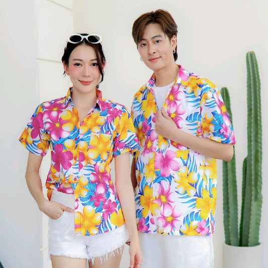 P07เสื้อเชิ้ตลายดอก ผ้าคอตตอน100% สีไม่ตก ผ้าไม่หด มีไซส์หญิงชาย งานป้ายKTIERออกแบบเอง*1ตัว*