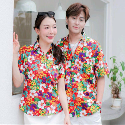 Pink027 เสื้อเชิ้ตลายดอก ผ้าคอตตอน100% สีไม่ตก ผ้าไม่หด ลายคมชัด มีไซส์หญิงชาย 34-54นิ้ว งานป้ายKTIER*1ตัว*