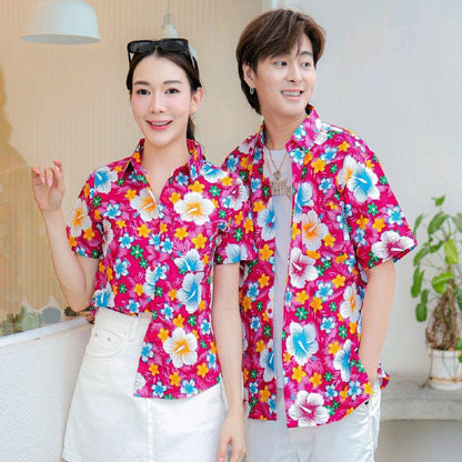 PINK010 เสื้อเชิ้ตลายดอก ผ้าคอตตอน100% สีไม่ตก ผ้าไม่หด ลายคมชัด มีไซส์หญิงชาย 34-54นิ้ว งานป้ายKTIER*1ตัว*