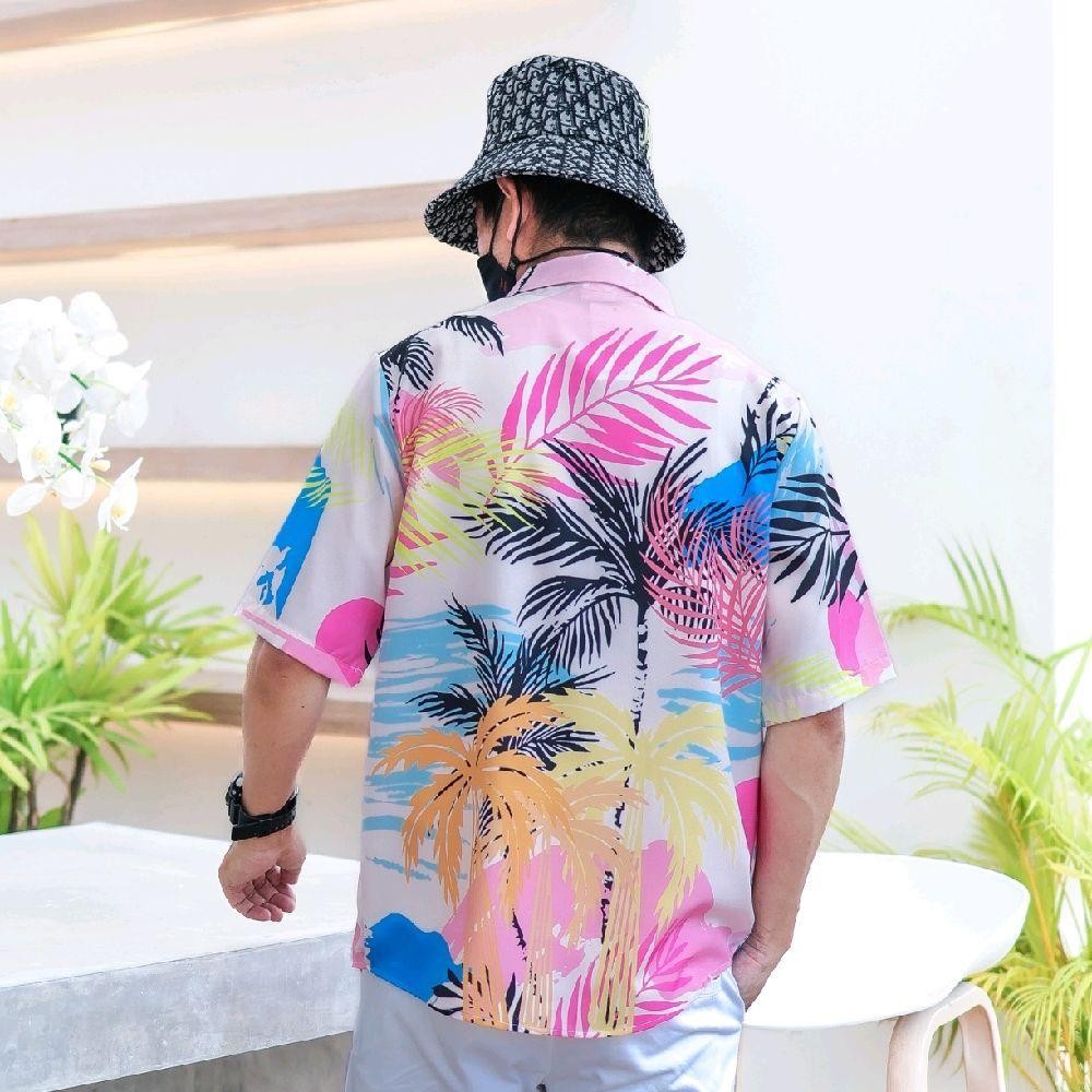 PINK3133 เสื้อฮาวาย สีสันสดใส ลายคมชัด ผ้าโพลีพรีเมี่ยม ไซส์เด็ก-ผู้ใหญ่8XL งานป้าย**1ตัว**