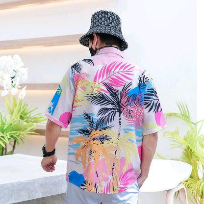 PINK3133 เสื้อฮาวาย สีสันสดใส ลายคมชัด ผ้าโพลีพรีเมี่ยม ไซส์เด็ก-ผู้ใหญ่8XL งานป้าย**1ตัว**